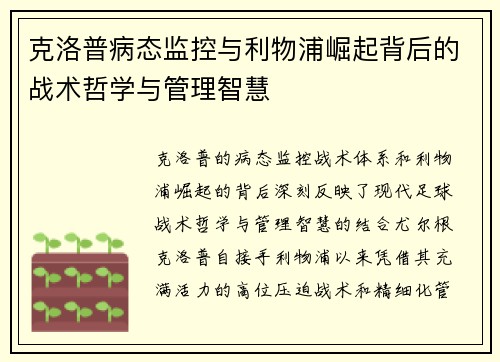 克洛普病态监控与利物浦崛起背后的战术哲学与管理智慧