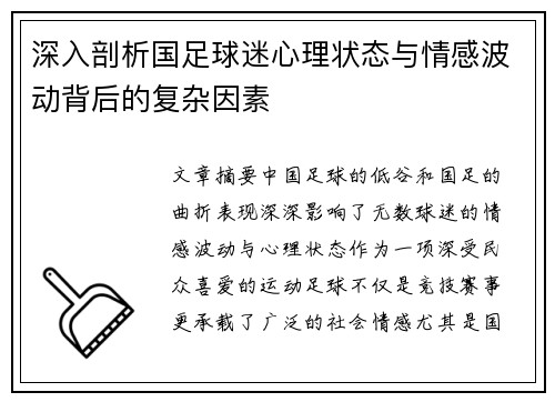深入剖析国足球迷心理状态与情感波动背后的复杂因素