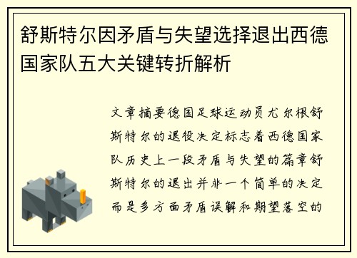 舒斯特尔因矛盾与失望选择退出西德国家队五大关键转折解析