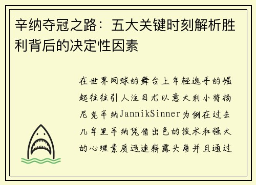 辛纳夺冠之路：五大关键时刻解析胜利背后的决定性因素