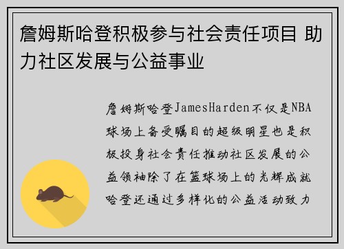 詹姆斯哈登积极参与社会责任项目 助力社区发展与公益事业