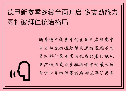 德甲新赛季战线全面开启 多支劲旅力图打破拜仁统治格局